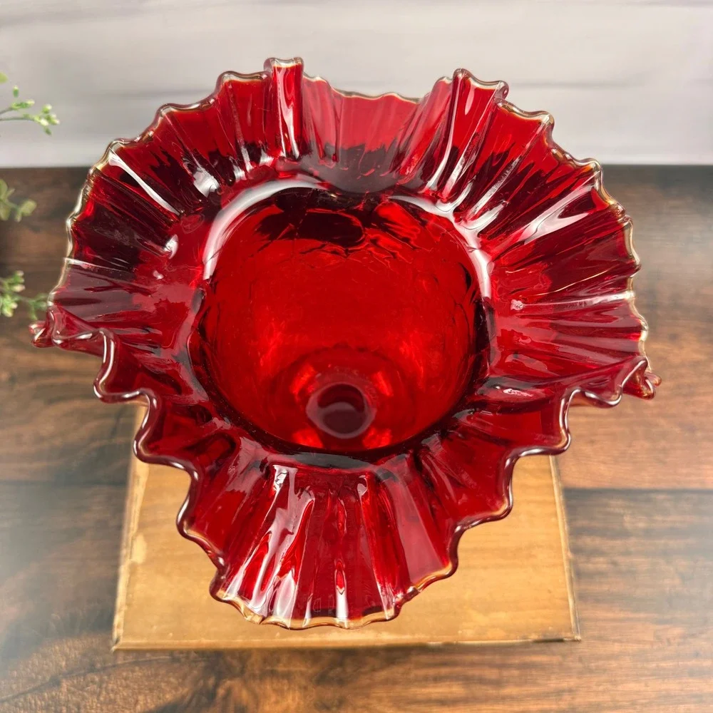 Blenko 388 Tangerine Crackle Glass Ruffled Vase Mid Century